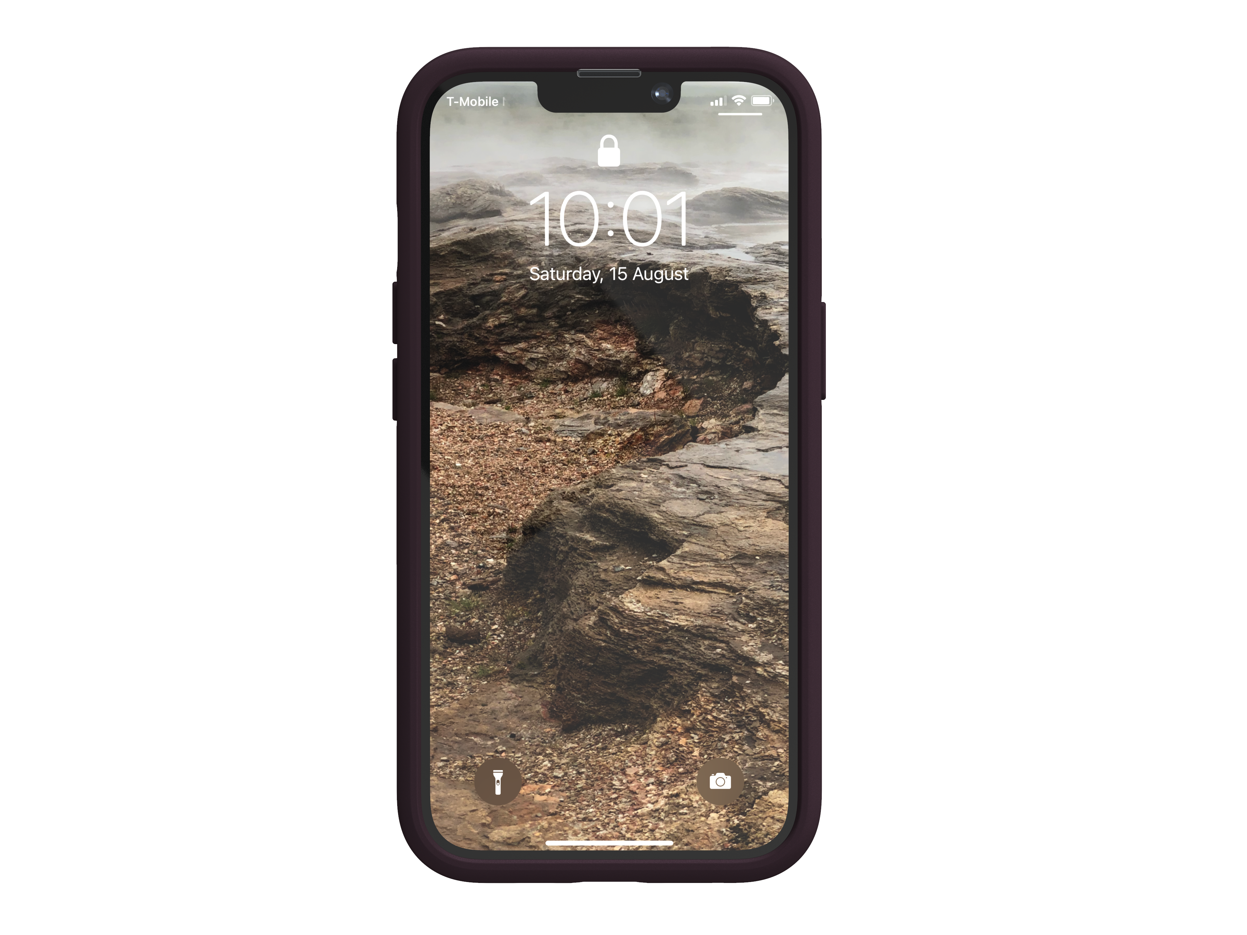 iPhone mit braunem Gehäuse, das eine felsige Landschaft auf dem Bildschirm zeigt.