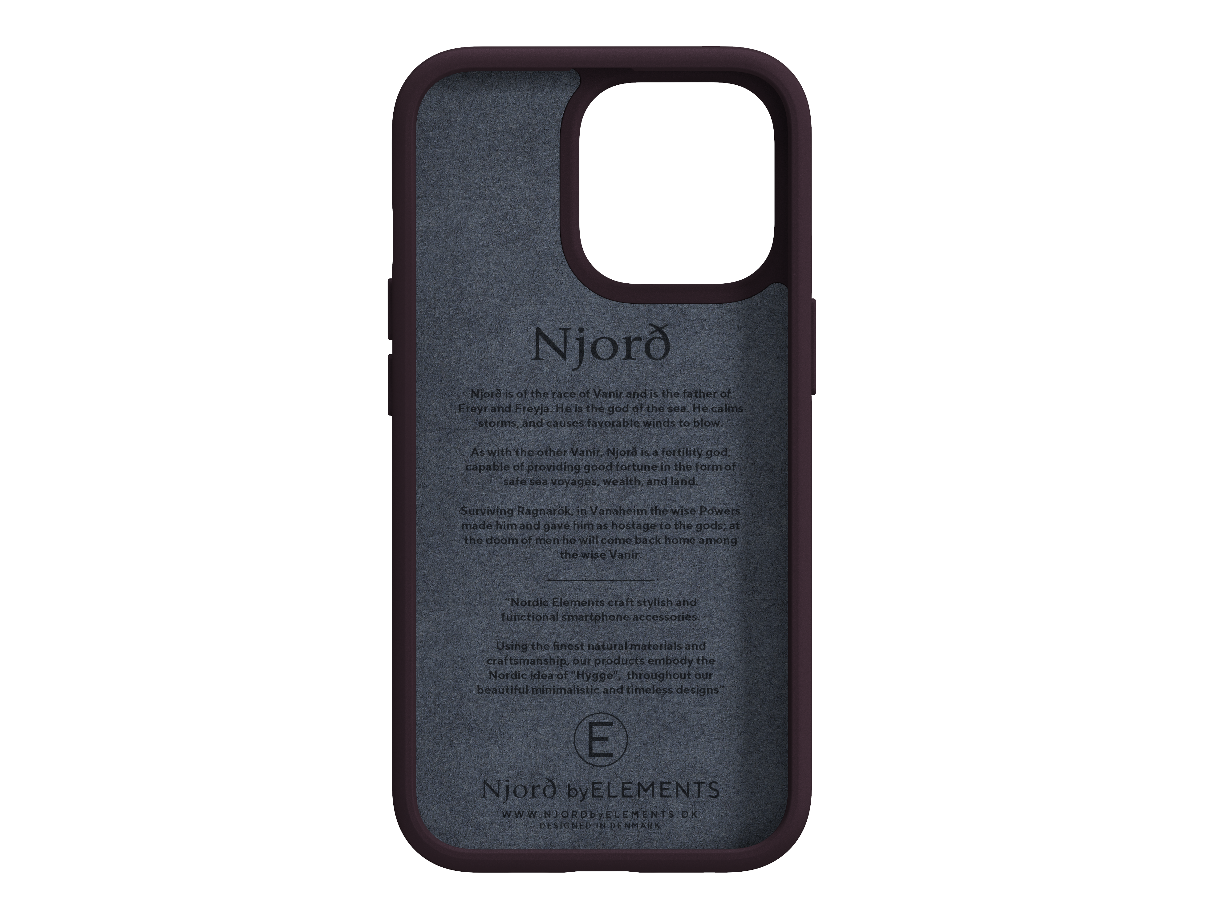 Eine Handyhülle mit Text über Njord, einen nordischen Gott, und dem Logo von Njord by Elements, auf dunklem Hintergrund.