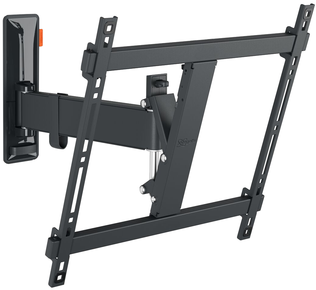 Black TV wall mount on a white background, with adjustable arms and brackets.