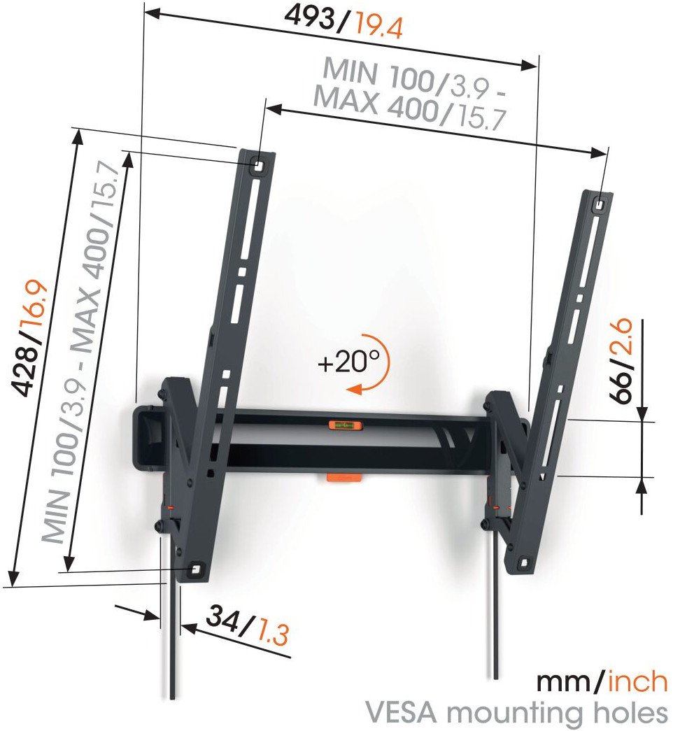 Een muurbevestiging voor een tv, met afmetingen in mm/inch.