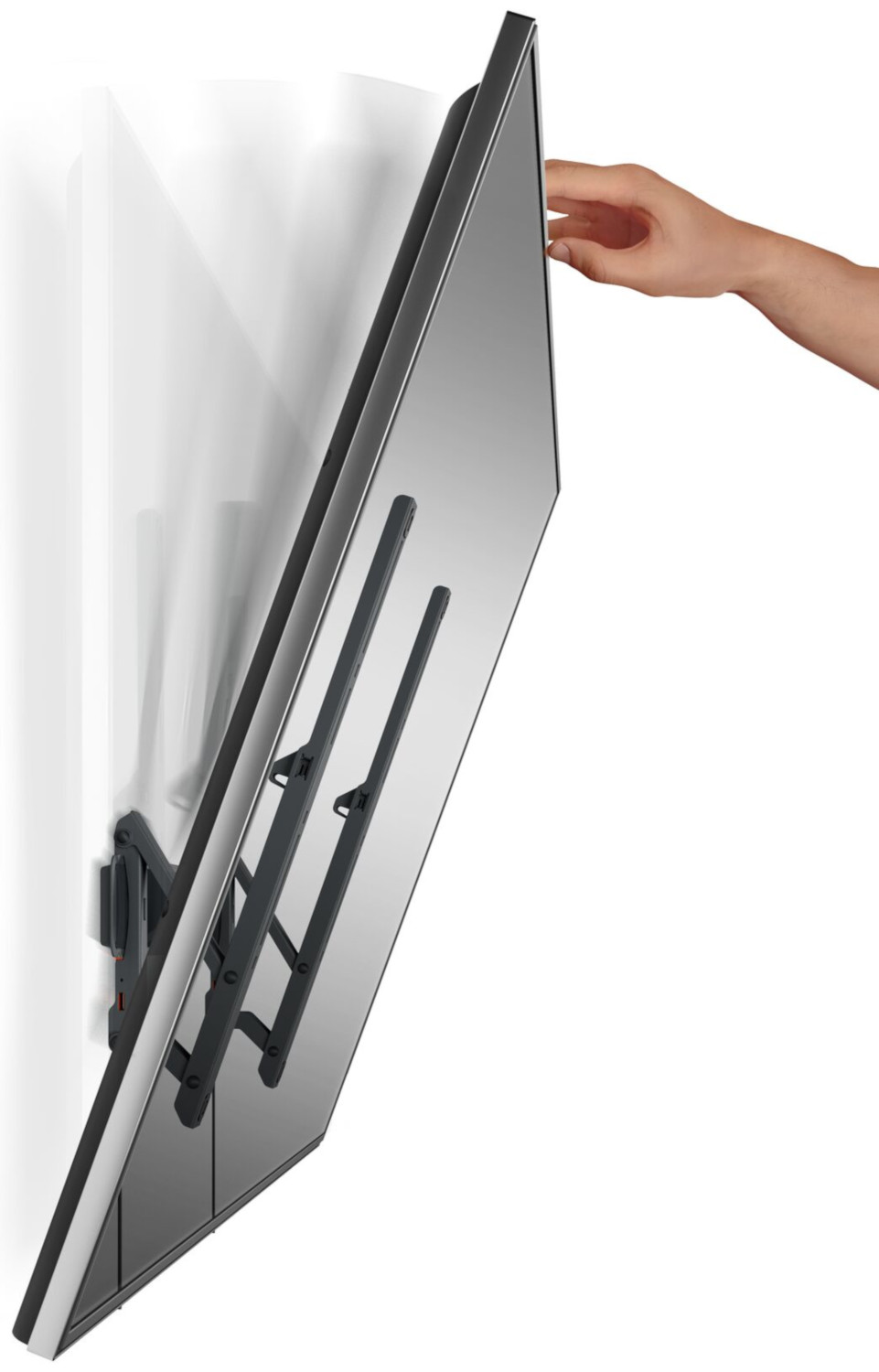 TV mounted on wall being tilted, a hand touches the screen. White wall in the background.