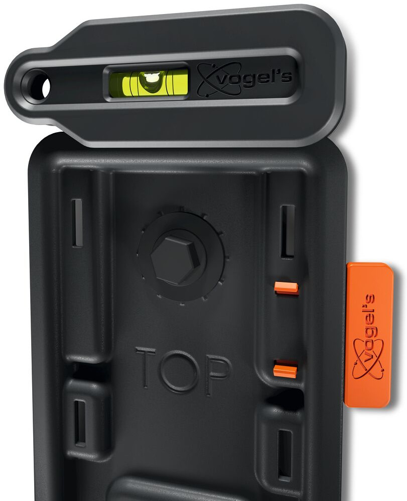 Black TV mount with level. Orange Vogel's logo on the side.