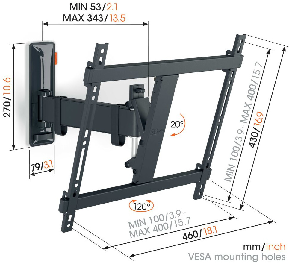 Black TV wall mount with dimensions and angles, against a white background.