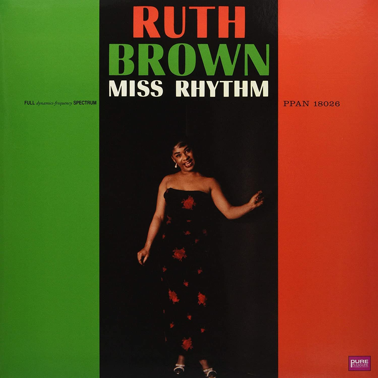 Album borító Ruth Brown-nal. Fekete ruhában, piros és zöld háttérrel. Cím: Miss Rhythm.