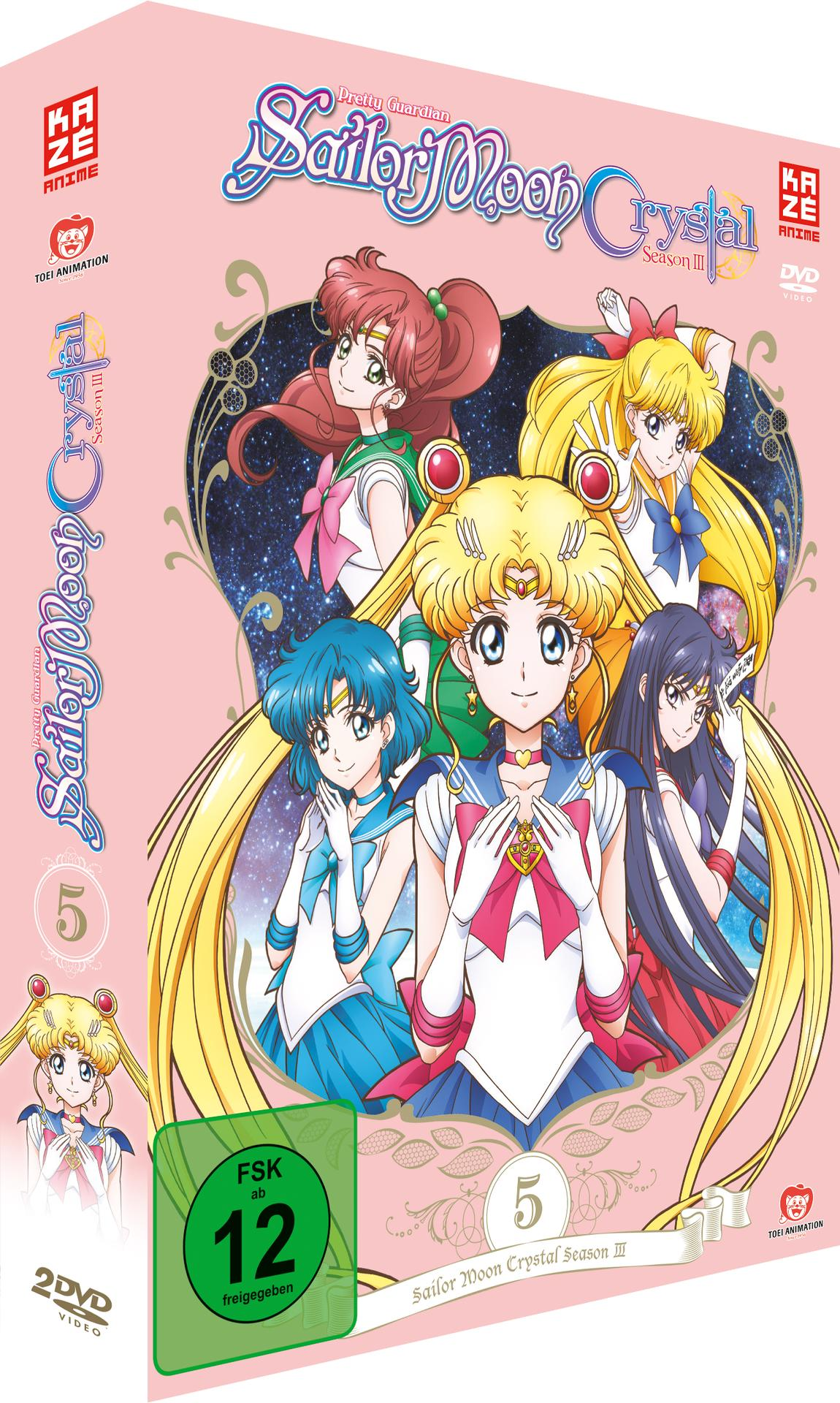 Sailor Moon Crystal Season III DVD-Box-Set. Rosa Cover mit Anime-Charakteren, Sailor Moon und Text auf Japanisch und Englisch.