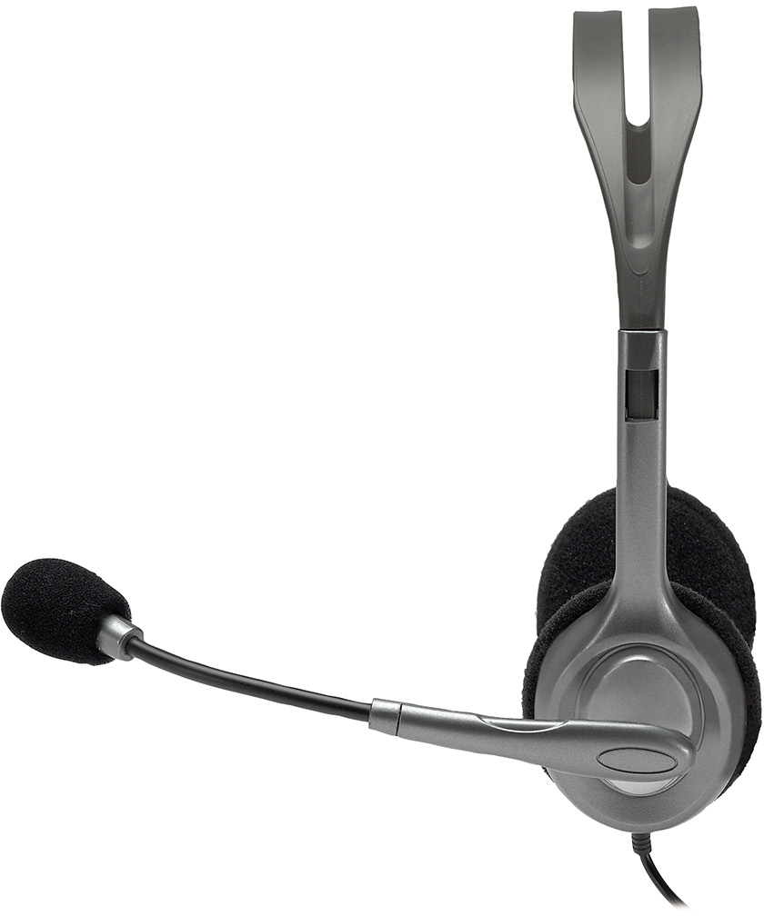 Grijze headset met een microfoon. De headset heeft een flexibele microfoonarm.