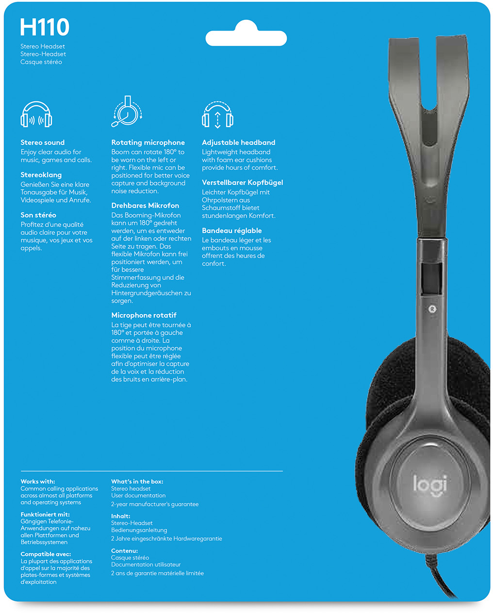 Hoofdtelefoonbox met details over functies en ontwerp, met een grijze hoofdtelefoon rechts.