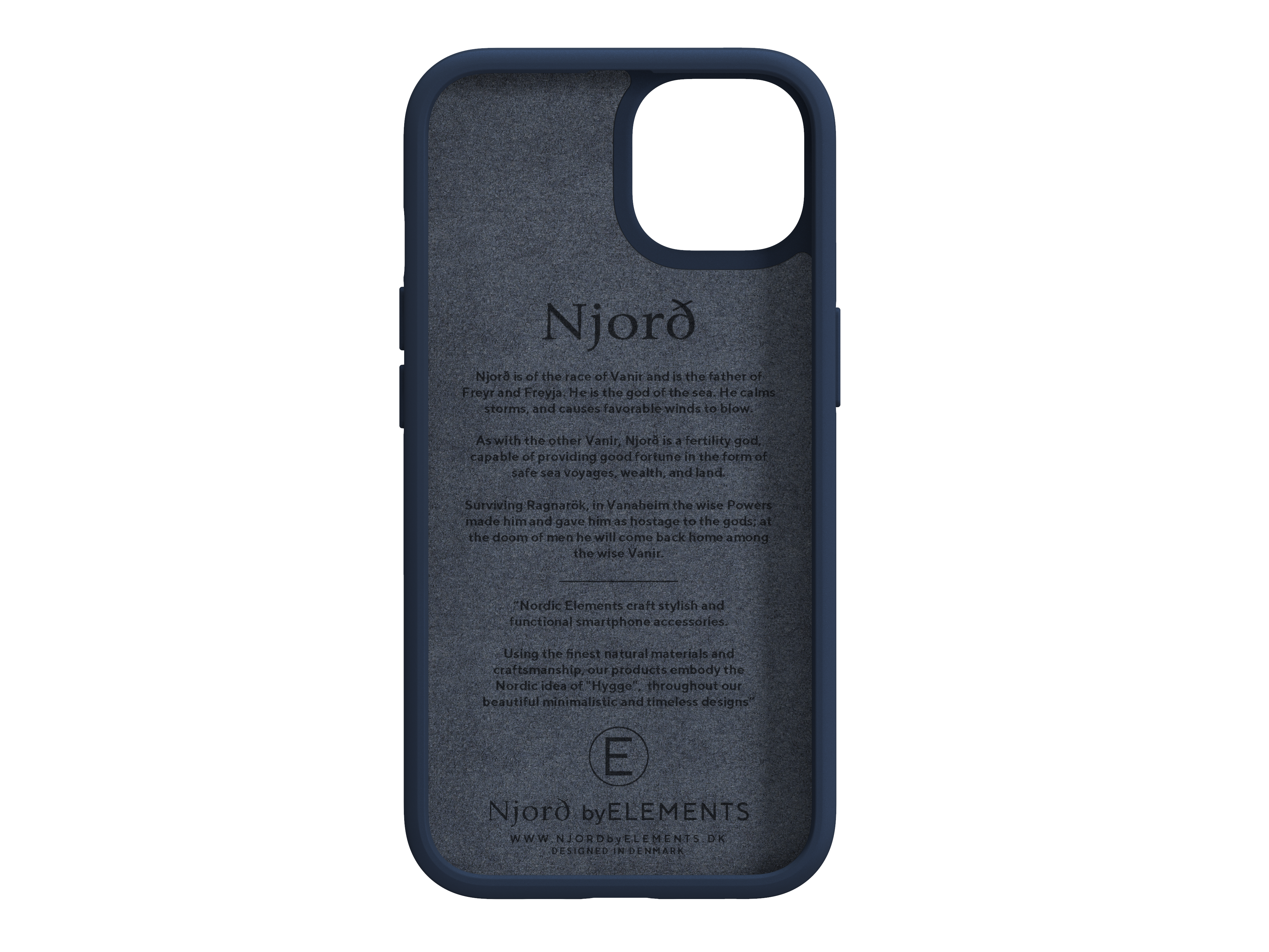 Blaues Telefongehäuse-Innenseite mit Text über nordische Mythologie und Logo.