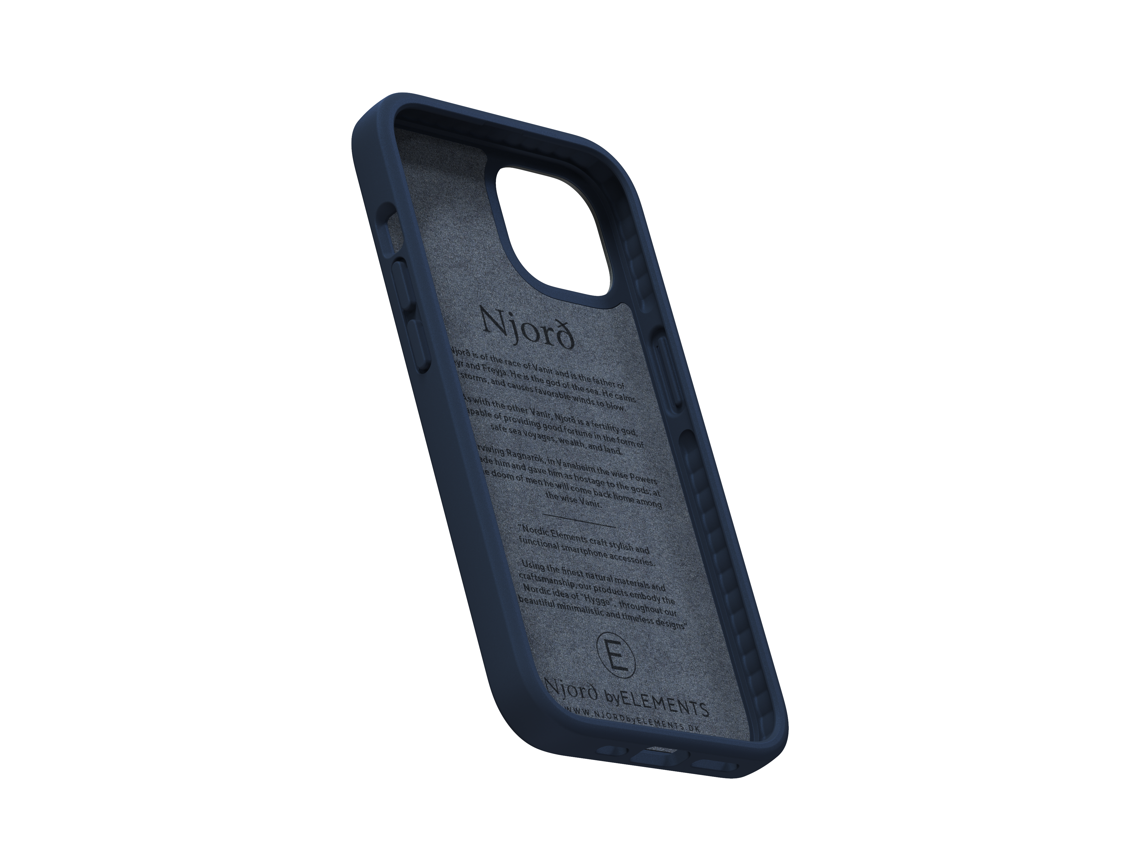 Telefonhülle. Blau, mit Text auf der Innenseite. Grauer Stoff auf der Innenseite.