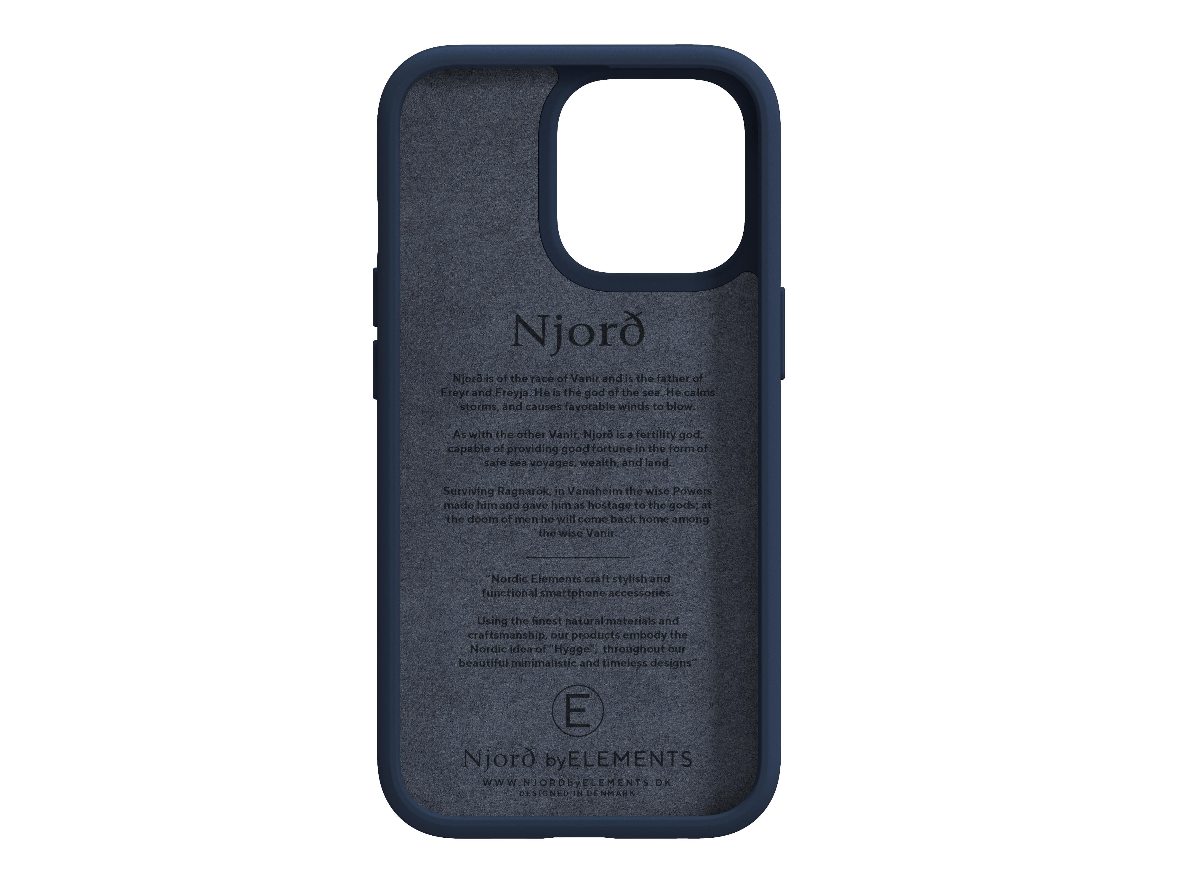 Eine Handyhülle mit blauem Rand. Die Rückseite zeigt Text über die Marke Njord und ihr Design.