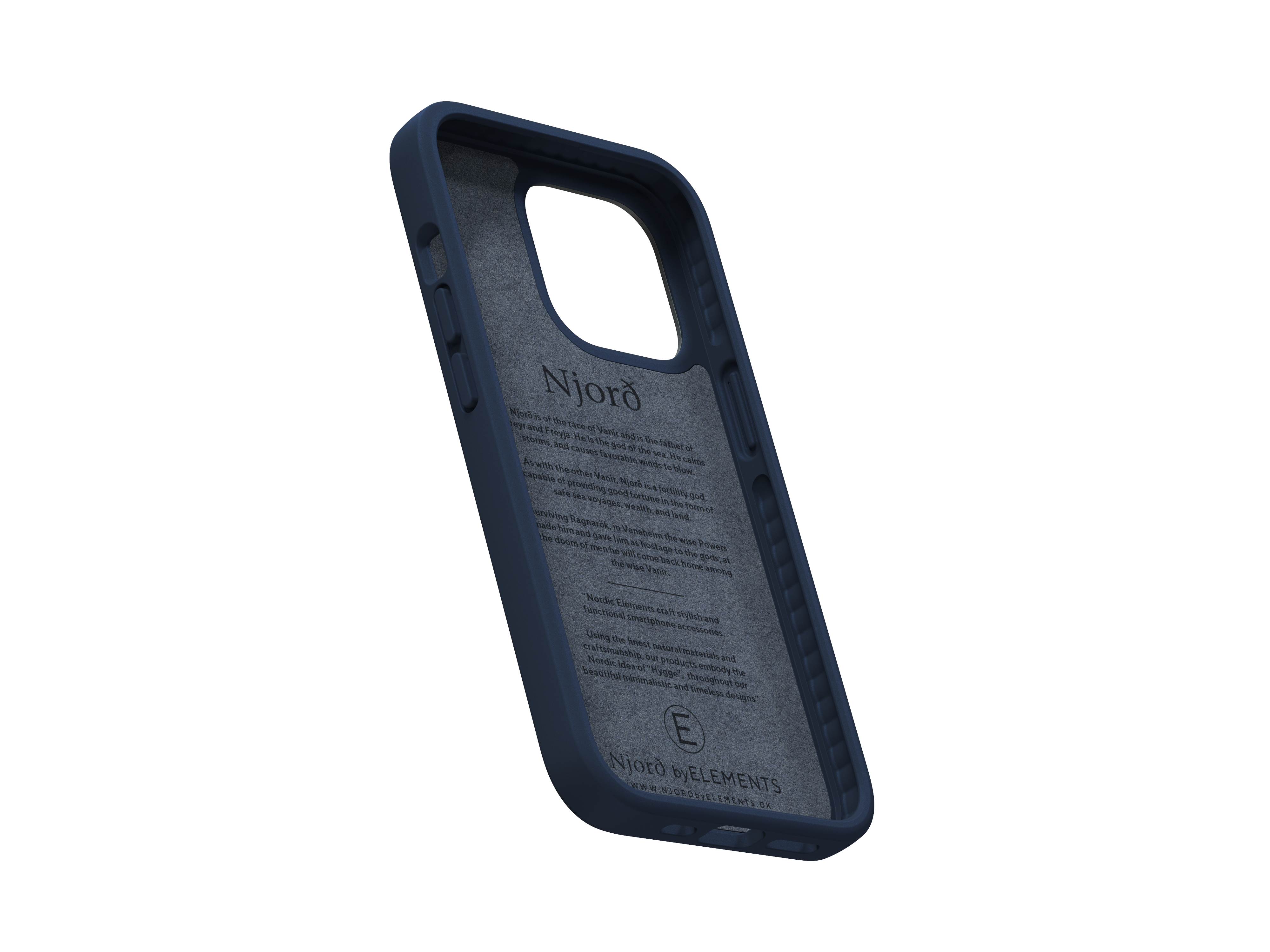 Eine dunkelblaue Handyhülle mit Logo, Produktdetails und dunklem Hintergrund.
