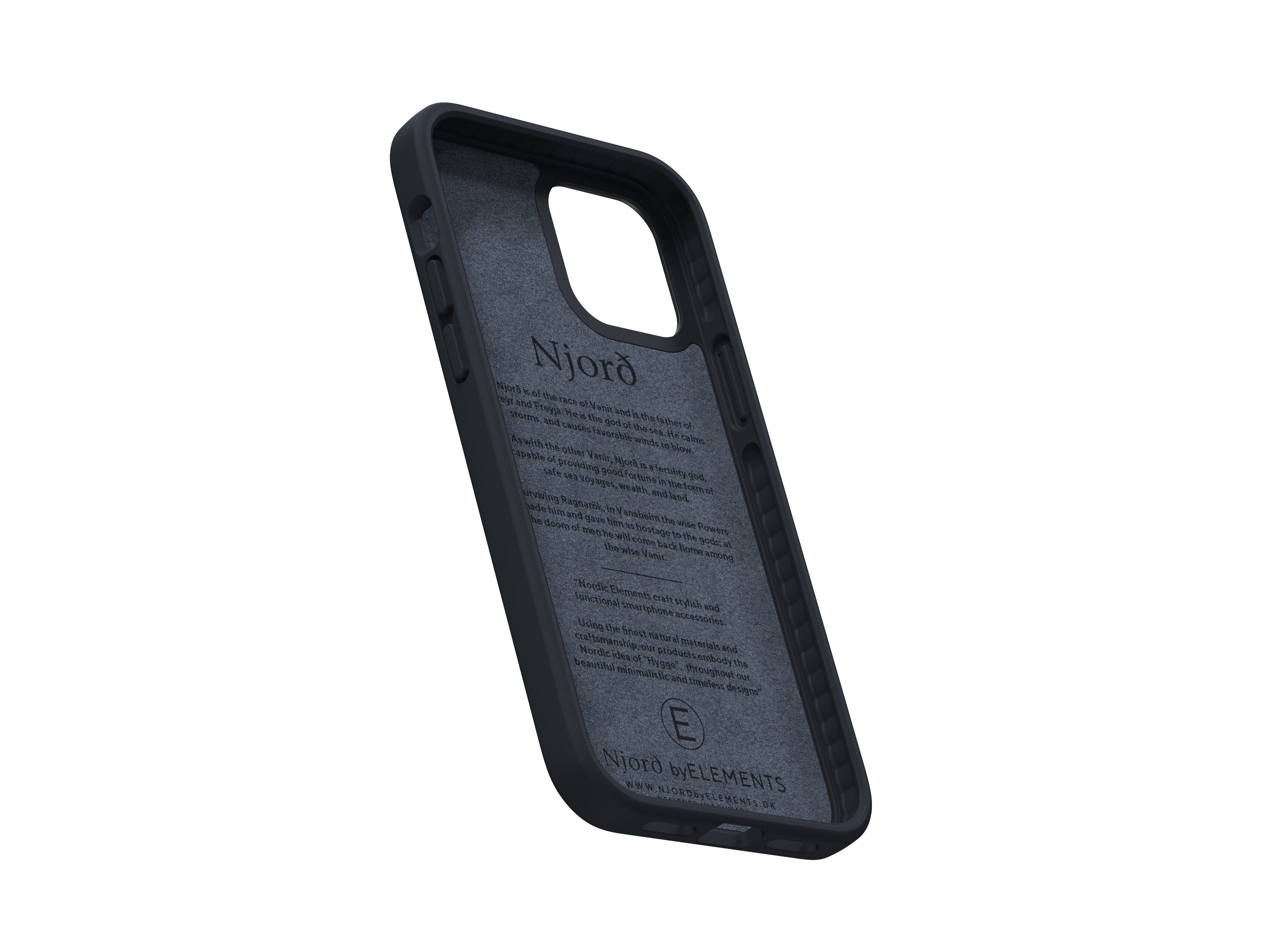 Ein schwarzes Telefongehäuse mit Text und Design. Das Gehäuse ist offen und zeigt ein graues Futter.