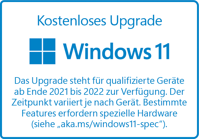 Weißer Hintergrund mit Text zum kostenlosen Windows 11 Upgrade. Blaues Windows Logo.