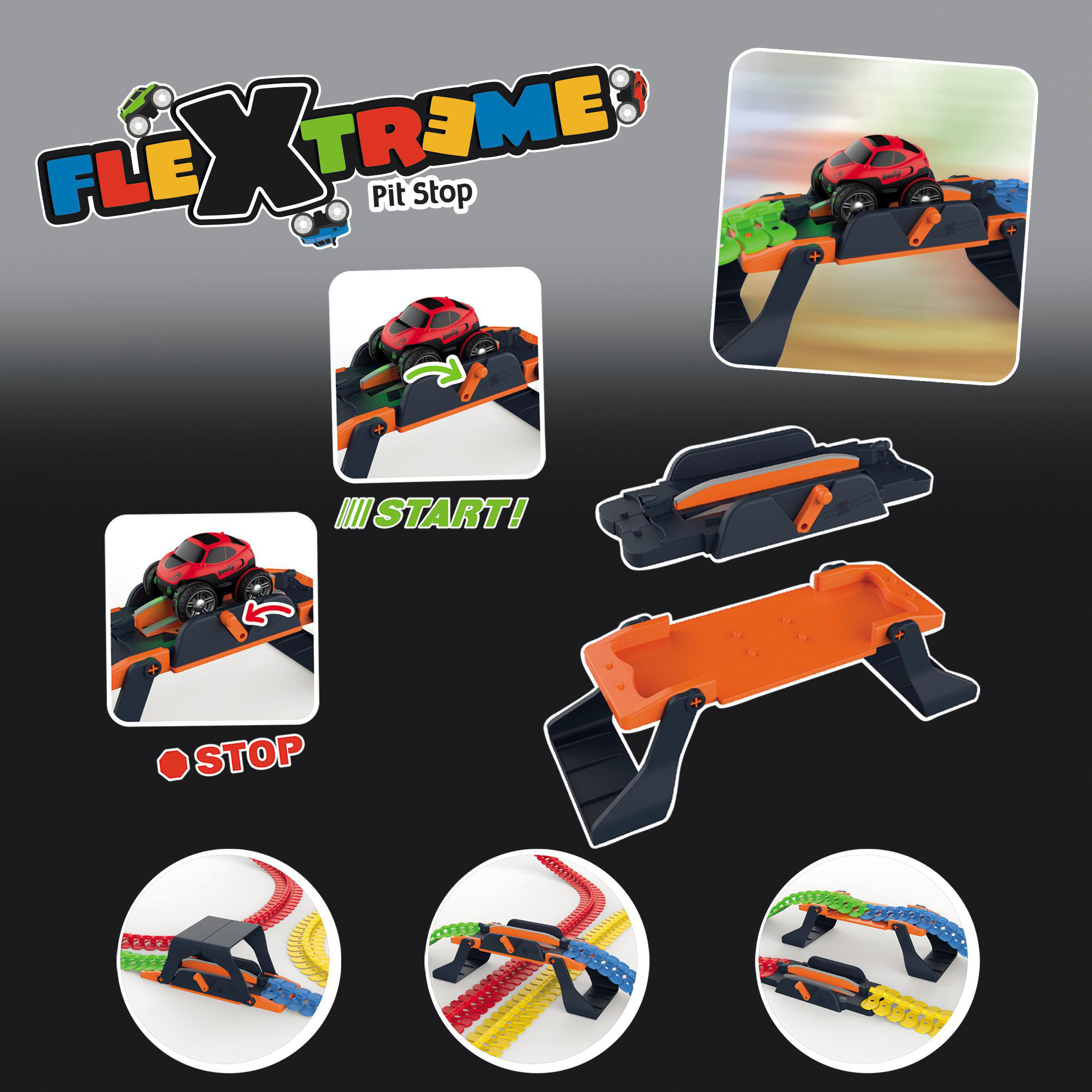 FlexTreme Pit Stop Spielzeugset mit rotem Auto und Streckenelementen.