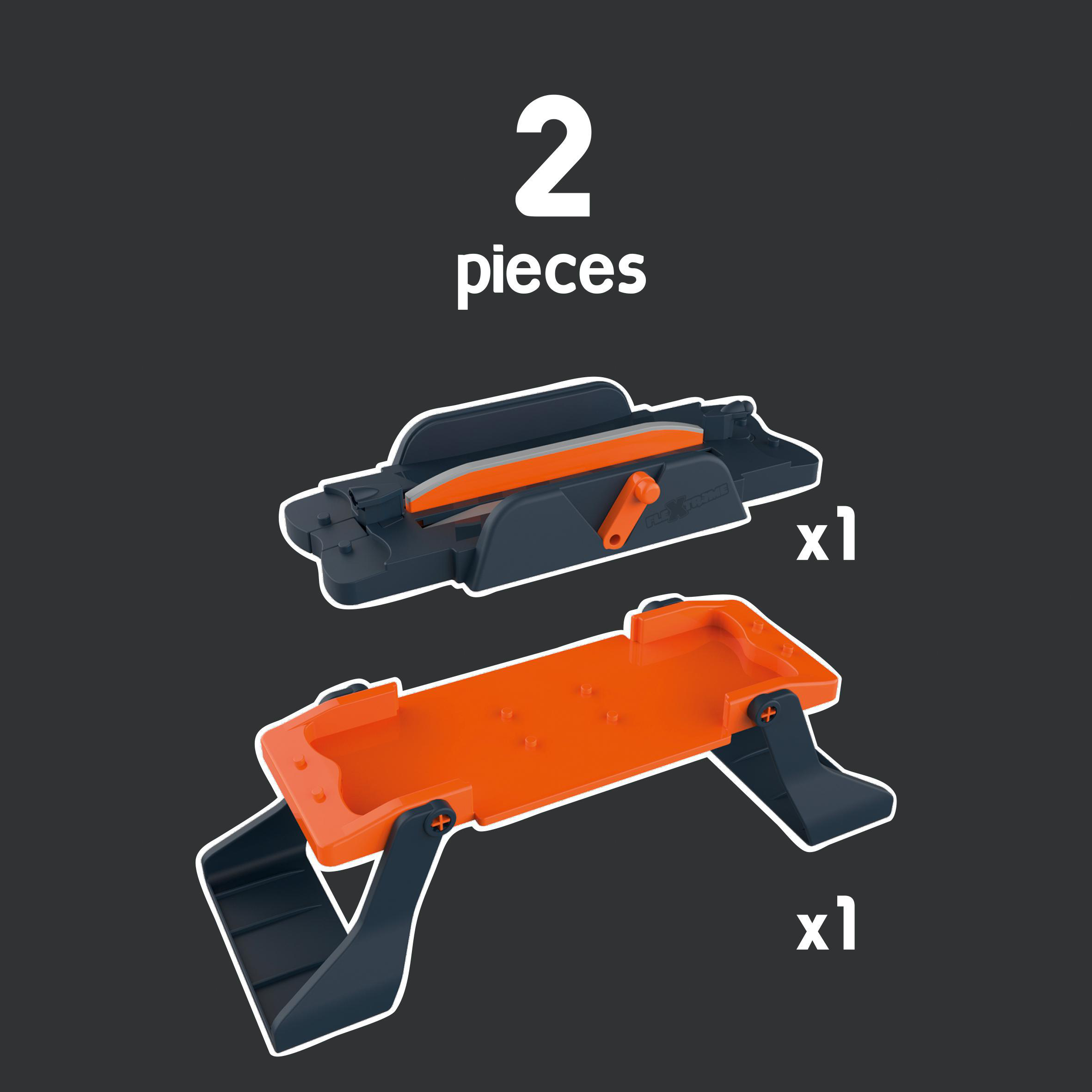 Zwei orangefarbene und dunkelgraue Teile auf grauem Hintergrund, mit den Etiketten 'x1' und '2 Teile'.