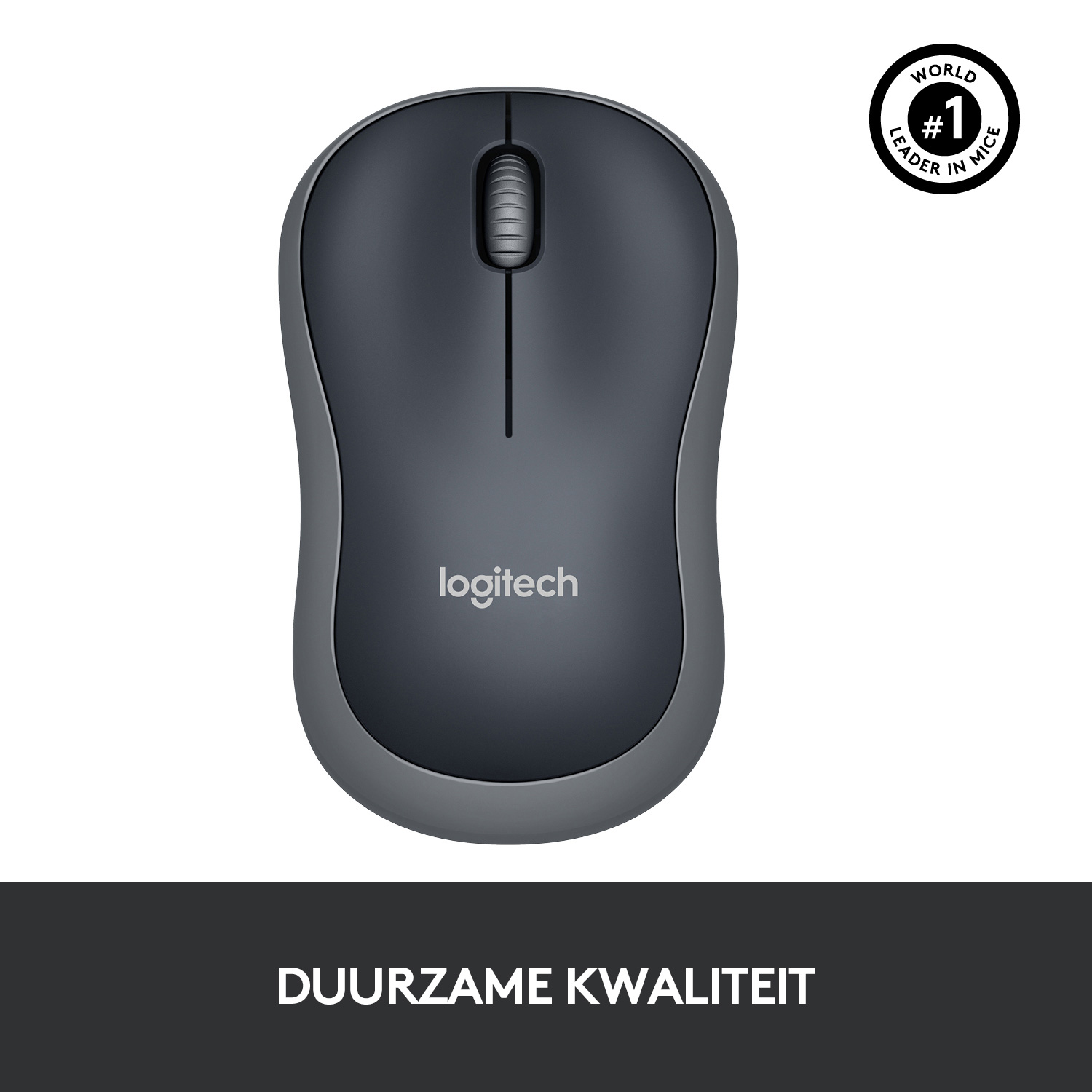 Gray Logitech mouse on white background, with a world leader in mice logo.