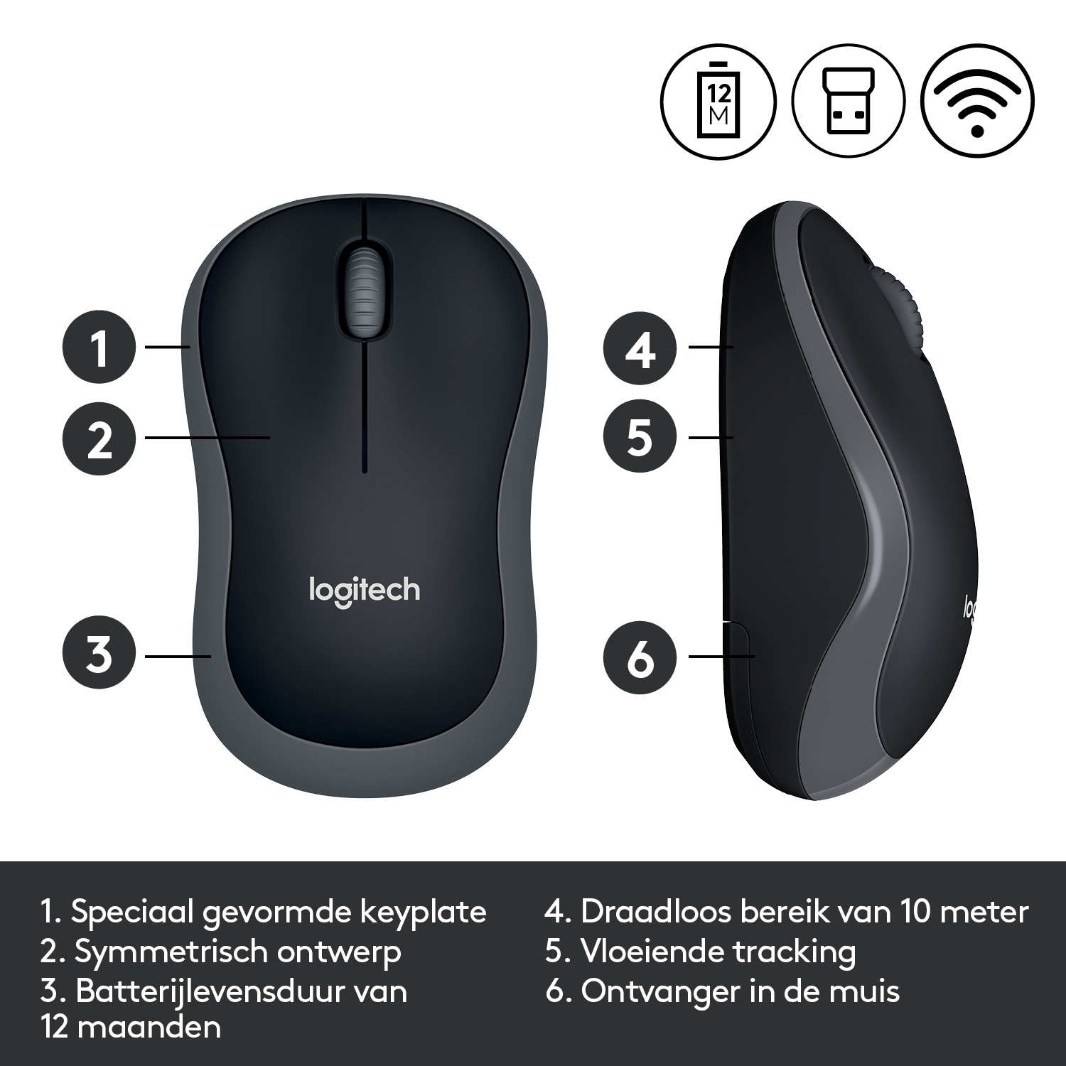 Black and gray Logitech mouse. Labeled parts include buttons, logos, and receiver.