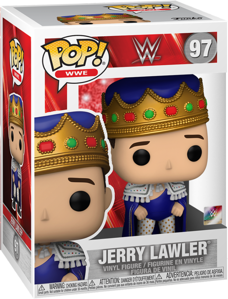 Figurine Funko Pop de Jerry Lawler dans une boîte. Il porte une couronne, une tenue bleue et dorée. La boîte a des logos WWE et Pop!.