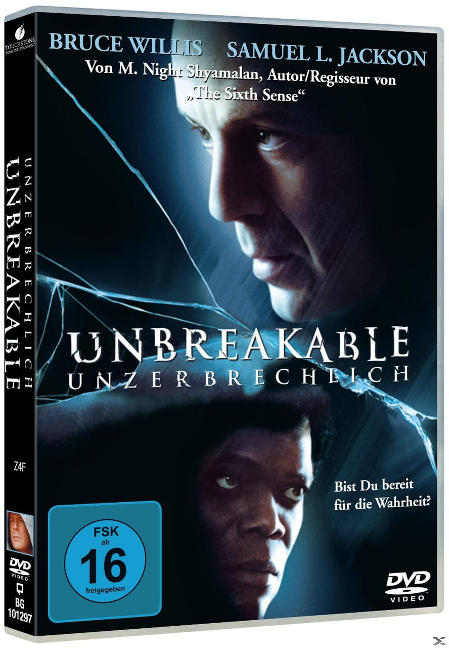 DVD-Cover des Films Unbreakable, mit Bruce Willis und Samuel L. Jackson.