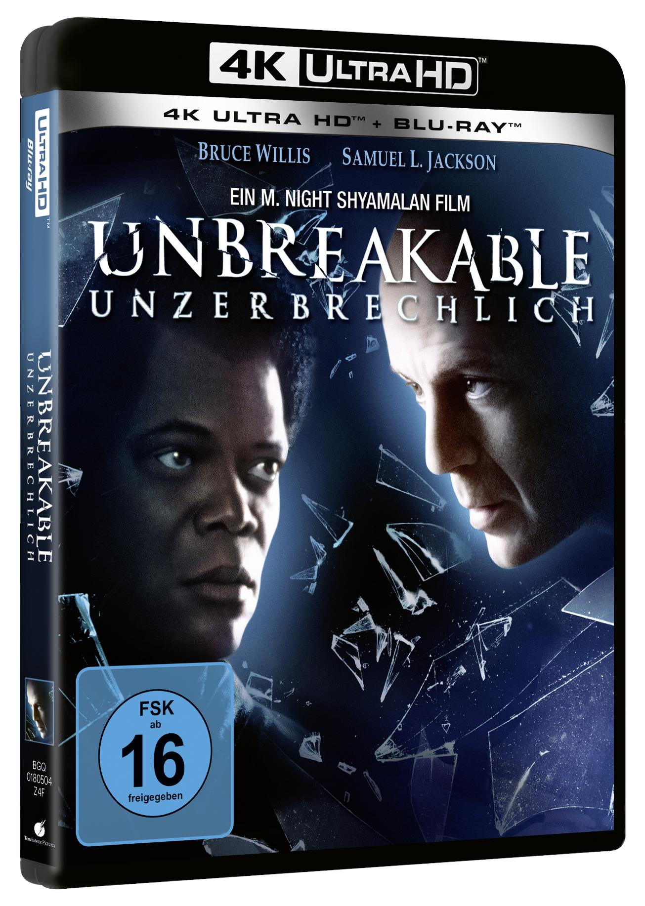 Blu-Ray-Cover mit Bruce Willis, Samuel L. Jackson und dem Text 'Unbreakable'.