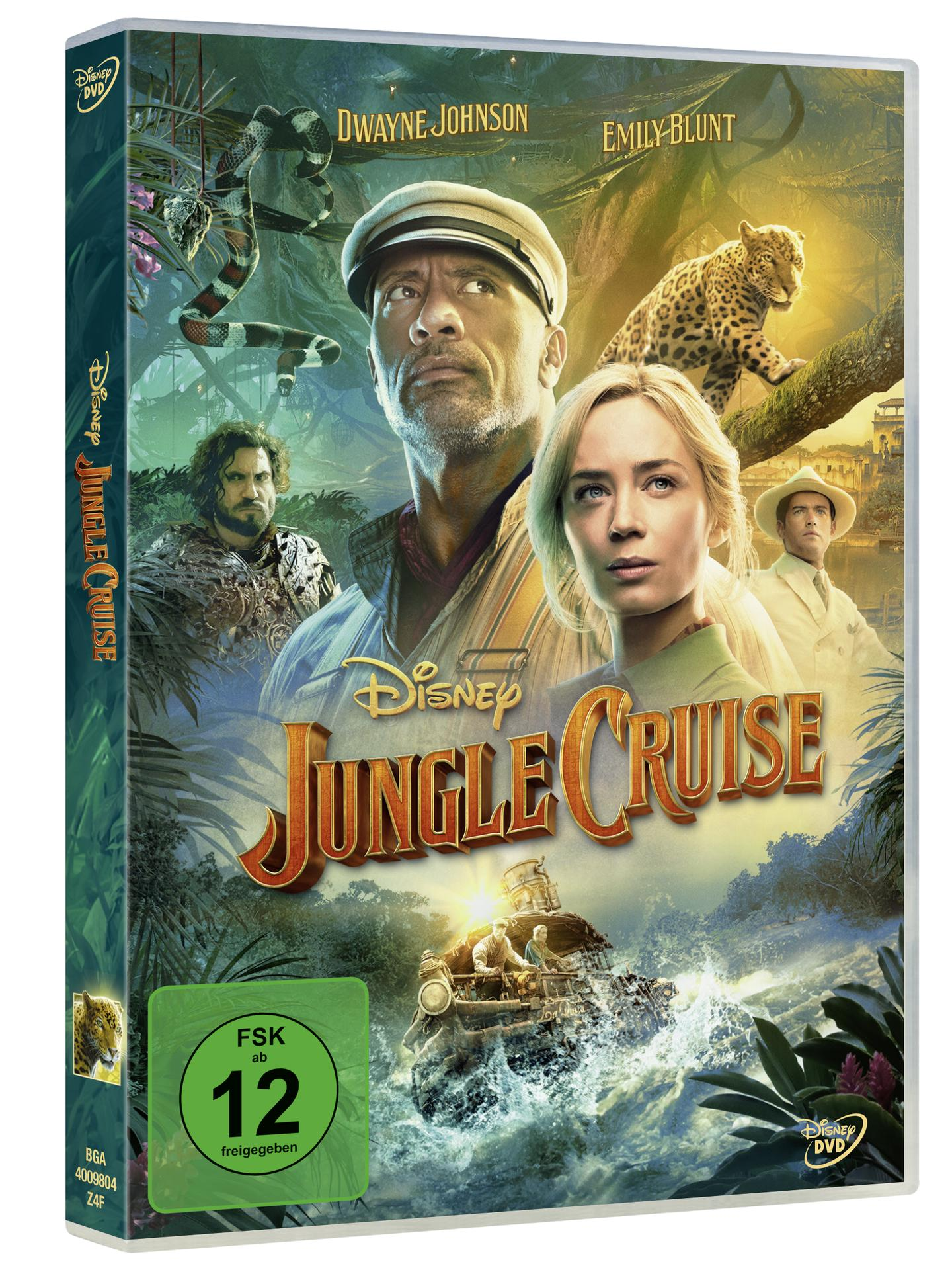 DVD-Cover des Films Jungle Cruise, Dwayne Johnson und Emily Blunt stehen im Mittelpunkt.