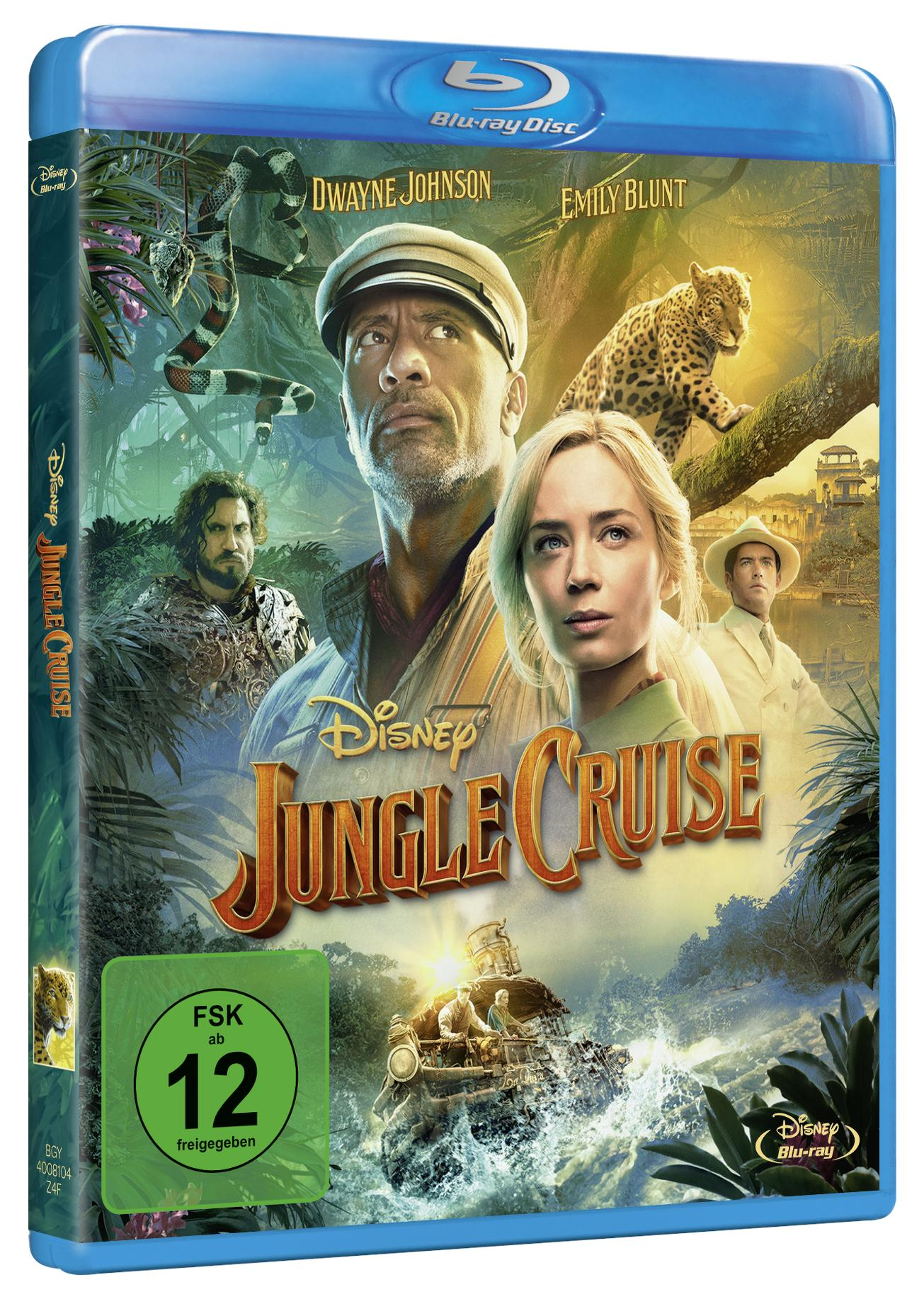Blu-ray-Disc-Hülle mit Dwayne Johnson und Emily Blunt, eine Dschungel-Szene und der Titel Jungle Cruise.