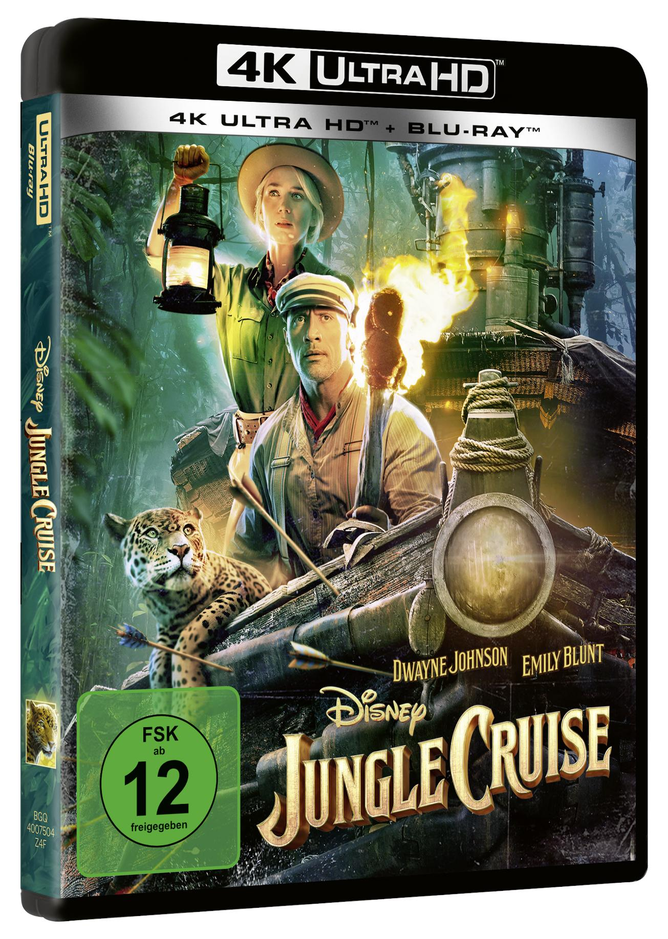 Filmcover für Jungle Cruise. Dwayne Johnson und Emily Blunt stehen mit einem Jaguar.