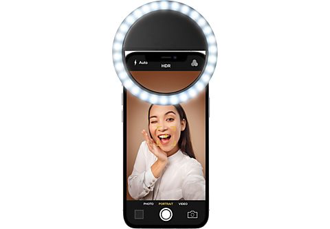 Aro de luz - CellularLine  Selfie Ring Pocket, 3 modos de luz, Negro