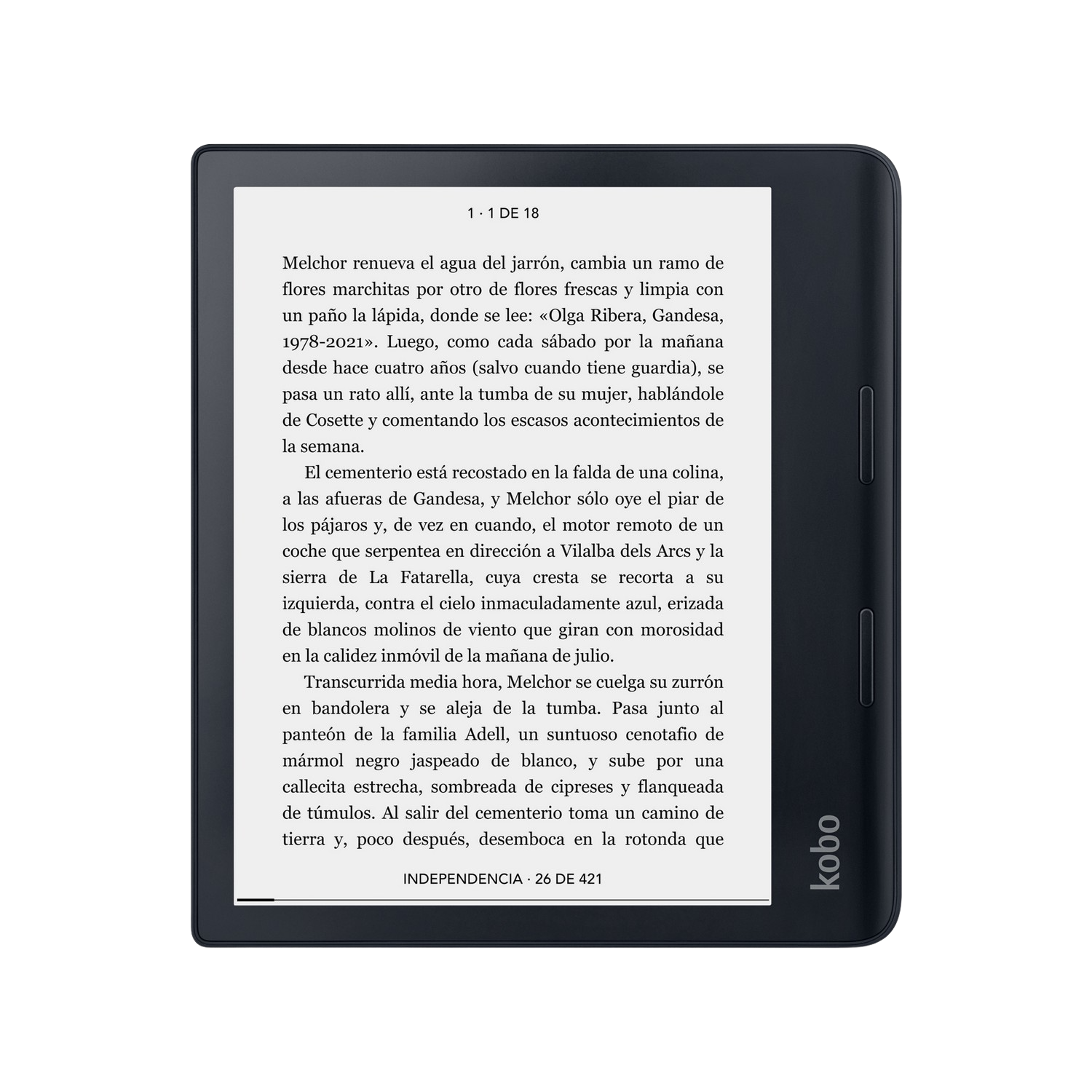 Lector electrónico que muestra texto. Un logotipo de Kobo es visible. La pantalla muestra texto con un título y contenido.