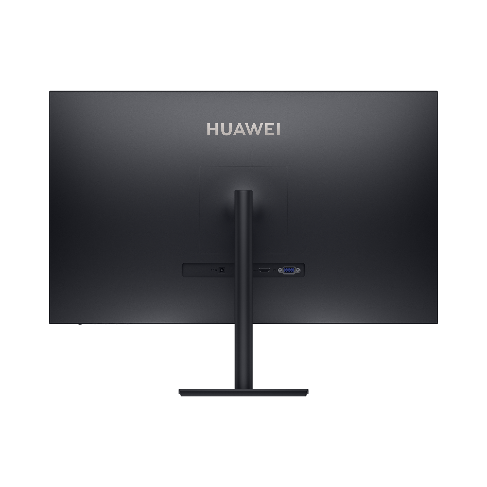 Vista trasera del monitor Huawei negro. Puertos y soporte visibles. Fondo negro.