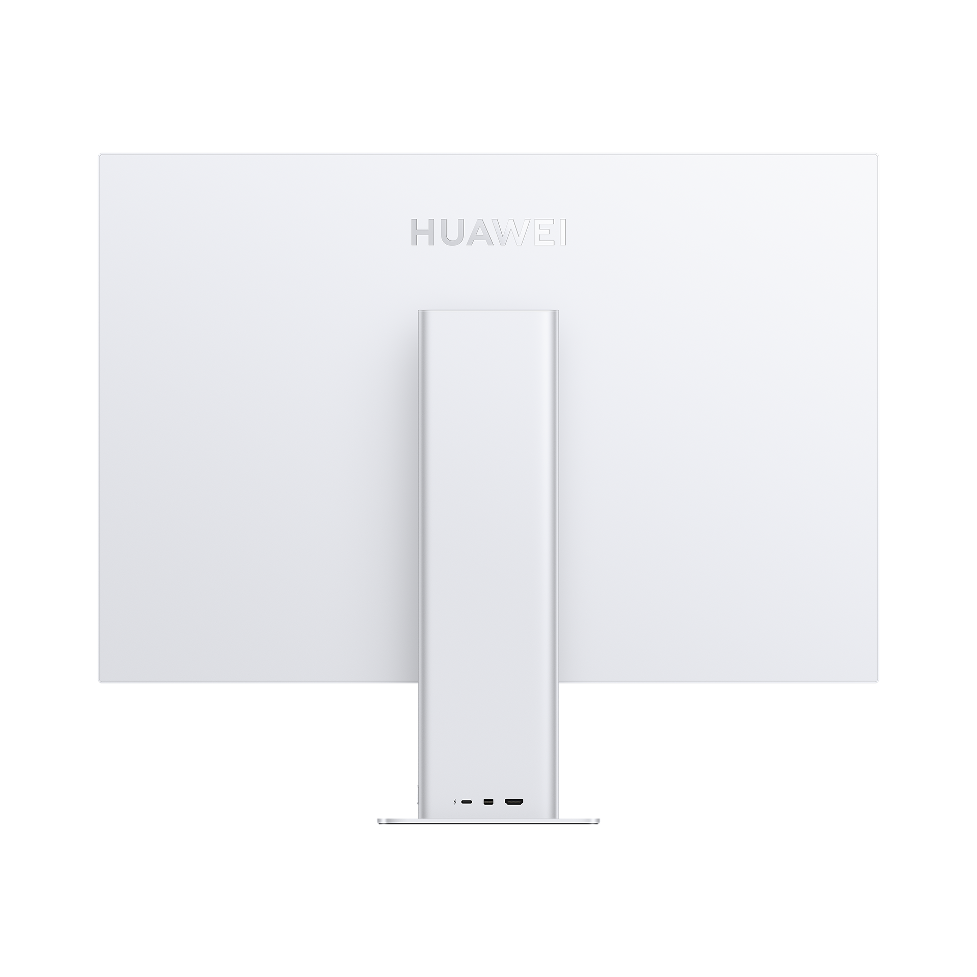 Parte trasera de un monitor Huawei blanco. El logotipo de Huawei es visible, y el soporte del monitor.