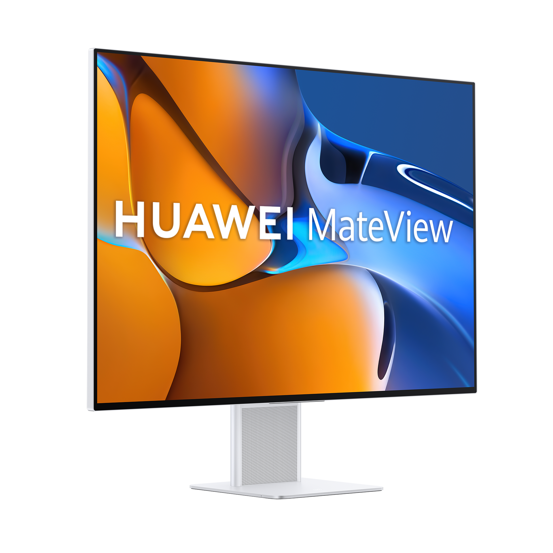 Monitor de computadora blanco con soporte. La pantalla muestra una imagen abstracta colorida.