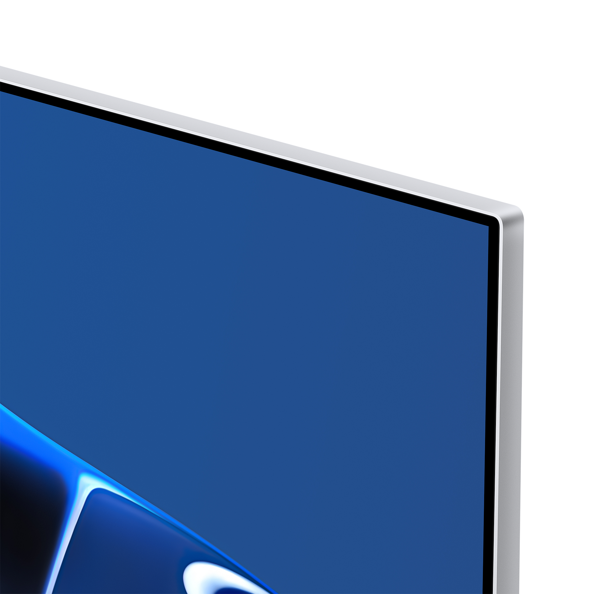 Primer plano de un monitor con pantalla azul y marco plateado.