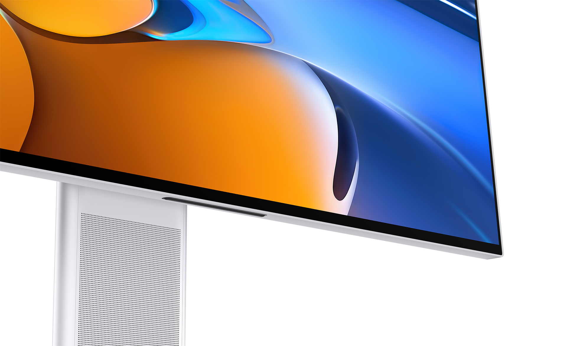 Primer plano de un monitor: Soporte blanco, rejilla de altavoz y pantalla colorida.