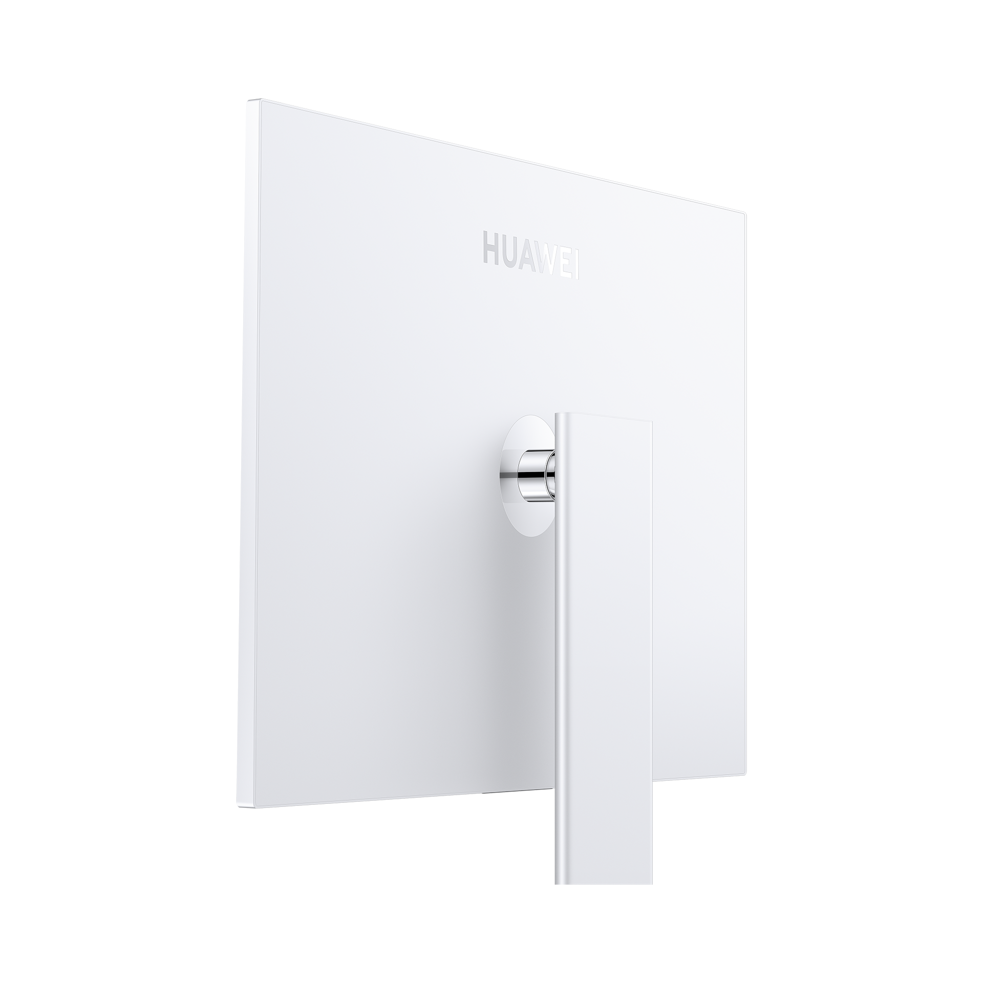 Monitor de computadora blanco con soporte plateado. La palabra HUAWEI está escrita en la parte posterior de la pantalla.