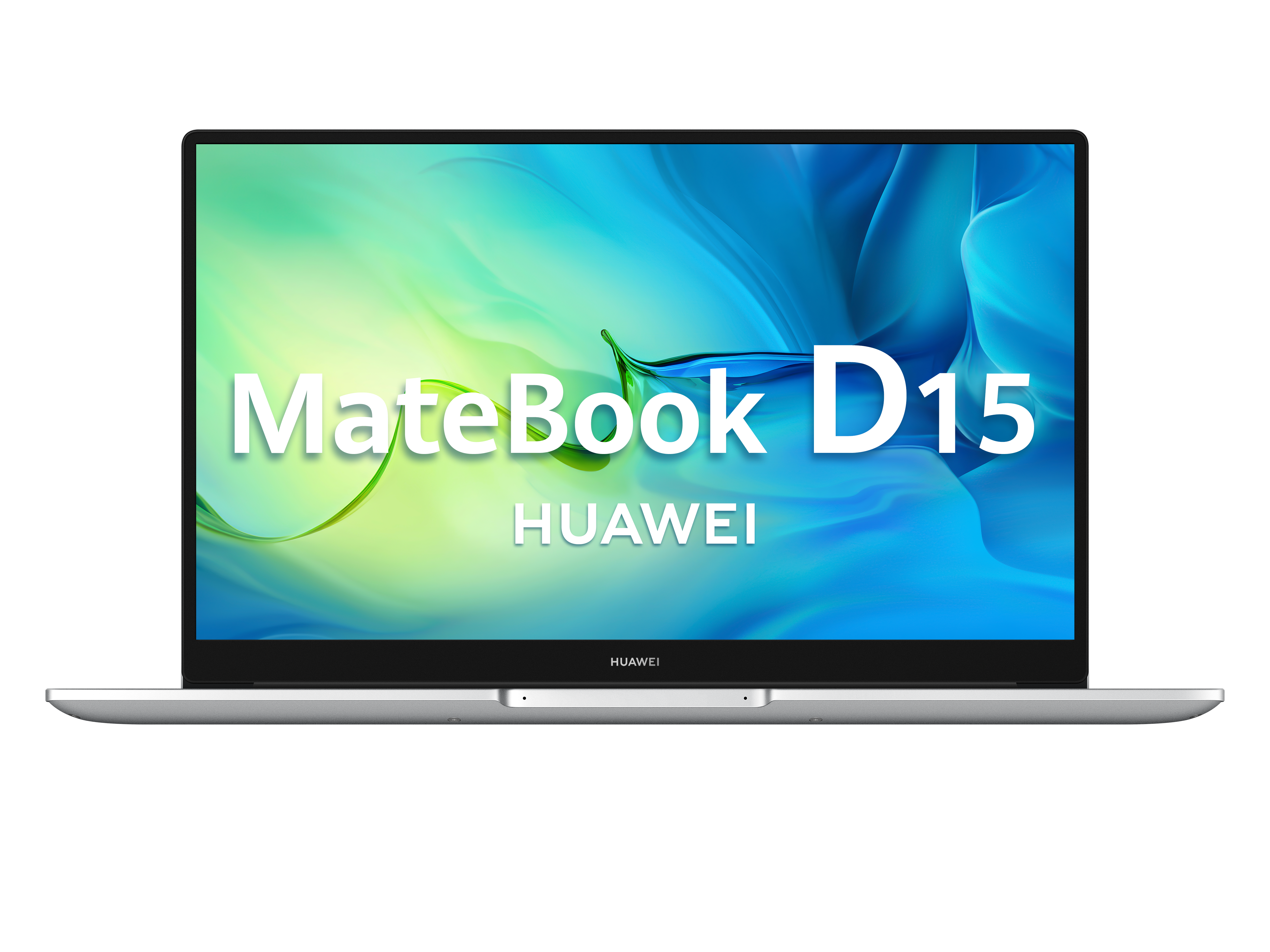 Ordenador portátil plateado con el texto "MateBook D15" y "HUAWEI" en la pantalla.