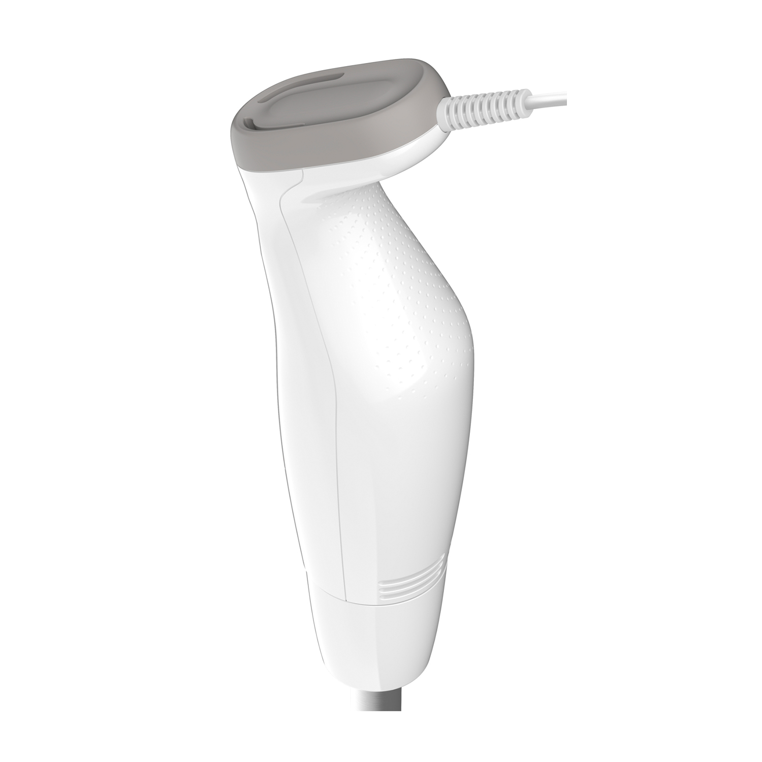 Epilatore elettrico bianco e grigio con cavo di alimentazione, su sfondo bianco.