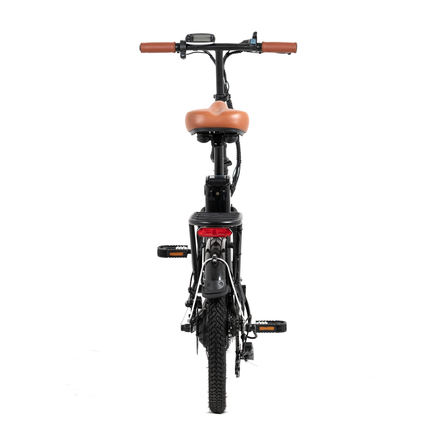 Vista trasera de bicicleta eléctrica negra con asiento y manillar marrón.