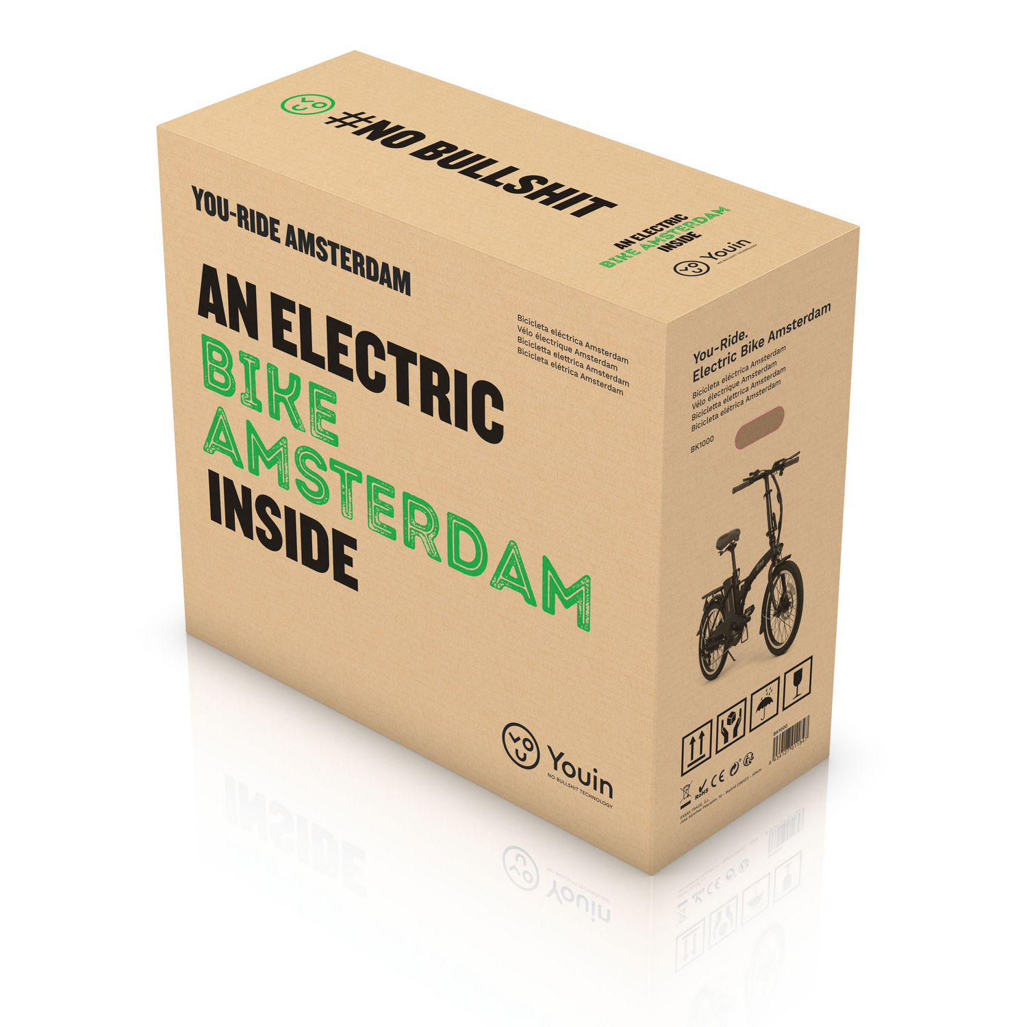 Caja de cartón con texto 'AN ELECTRIC BIKE AMSTERDAM INSIDE' y gráfico de bici.