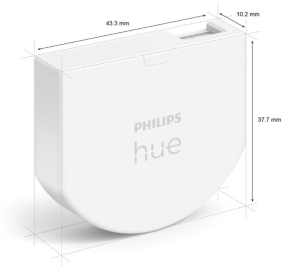 White Philips Hue bridge with dimensions labeled, on white background, with black dotted lines.