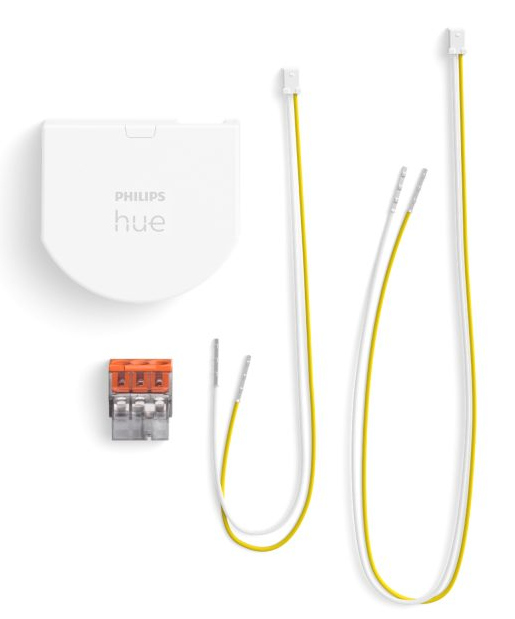 White Philips Hue smart home components: hub, wires, and connector.