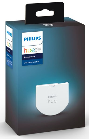 Philips Hue wall switch module packaging, blue box with white product, hanging hole.