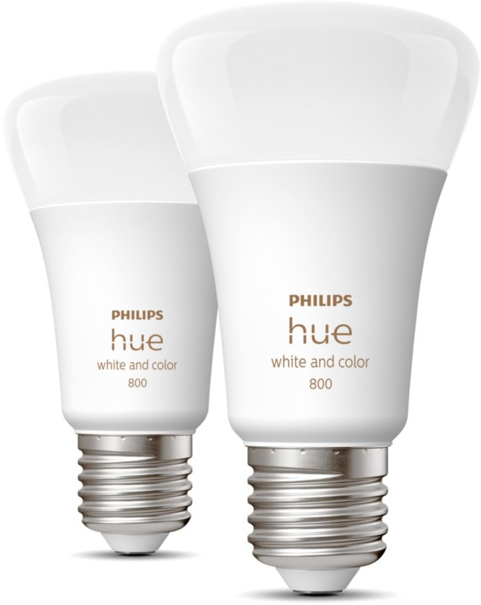 Two Philips Hue white and color smart light bulbs. The bulbs are white.