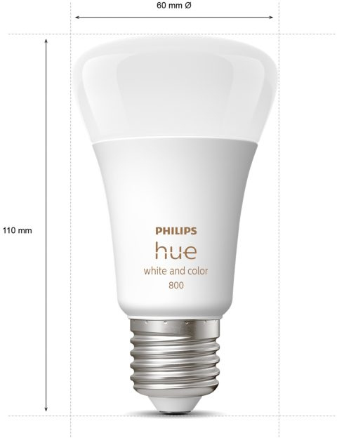 White Philips Hue light bulb, with dimensions and Philips Hue branding, on a white background.