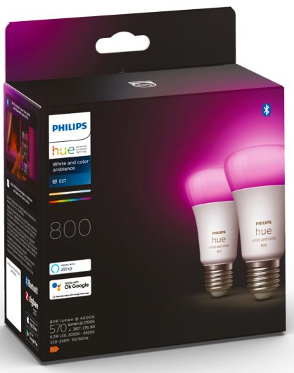 Box of Philips Hue smart bulbs. Two bulbs are visible, glowing pink.