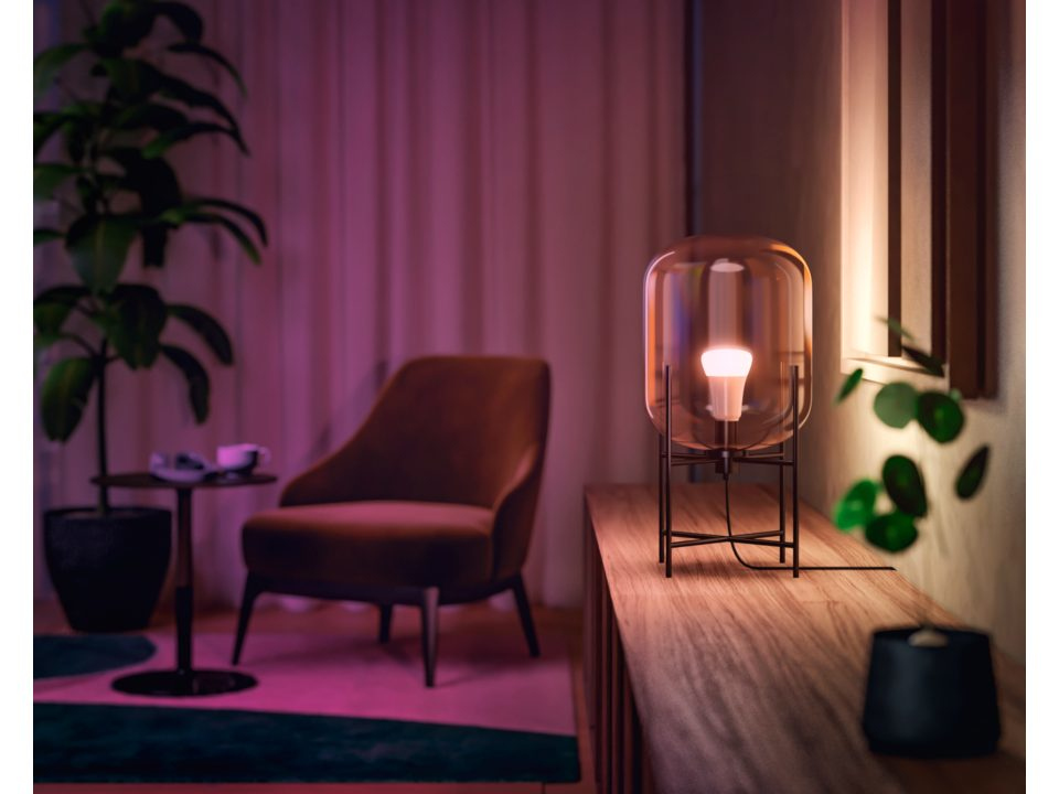 Stylish table lamp with a clear glass shade, a light bulb, and a dark base. In a room setting.