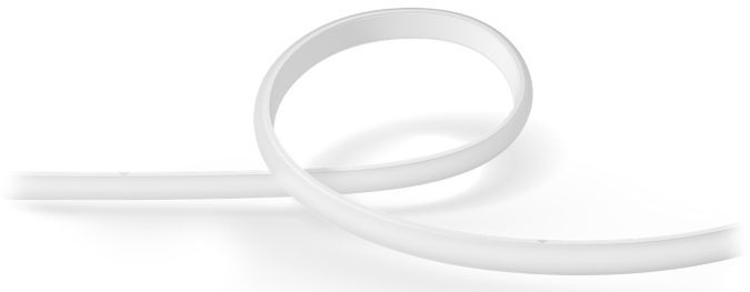 A flexible white LED light strip coiled on a white background.