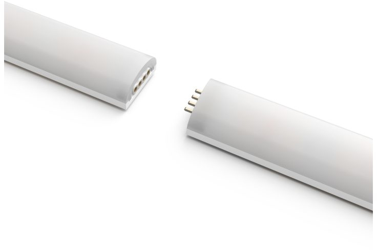 Two white rectangular light fixtures with pins at the end. They are separated.