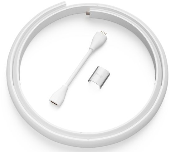White light strip with a connector, a white cable, and a small white connector cover.