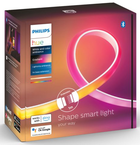 Box with Philips Hue light strip. It is white and color ambiance, and the light strip is pink.